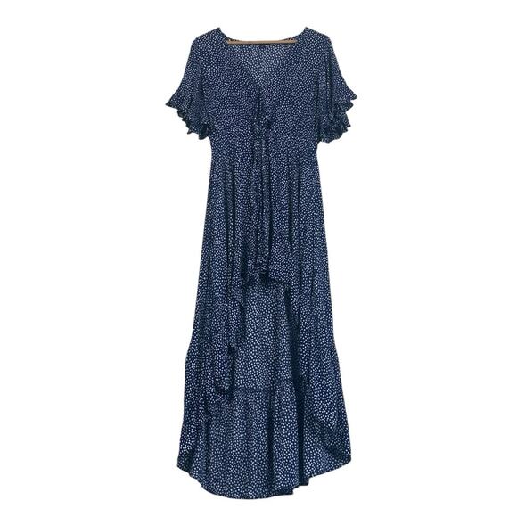 Express High Low Maxi Dress Womens M Navy Blue Polka Dot Tie Front Cottagecore - Picture 1 of 5